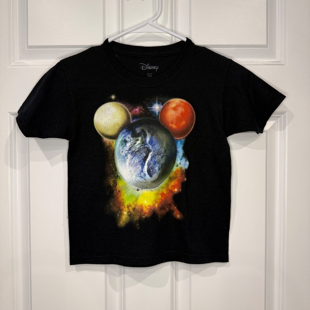 Disney Kids Mickey Mouse Planet Earth Space Graphic T-Shirt Black Size 4/5 XS